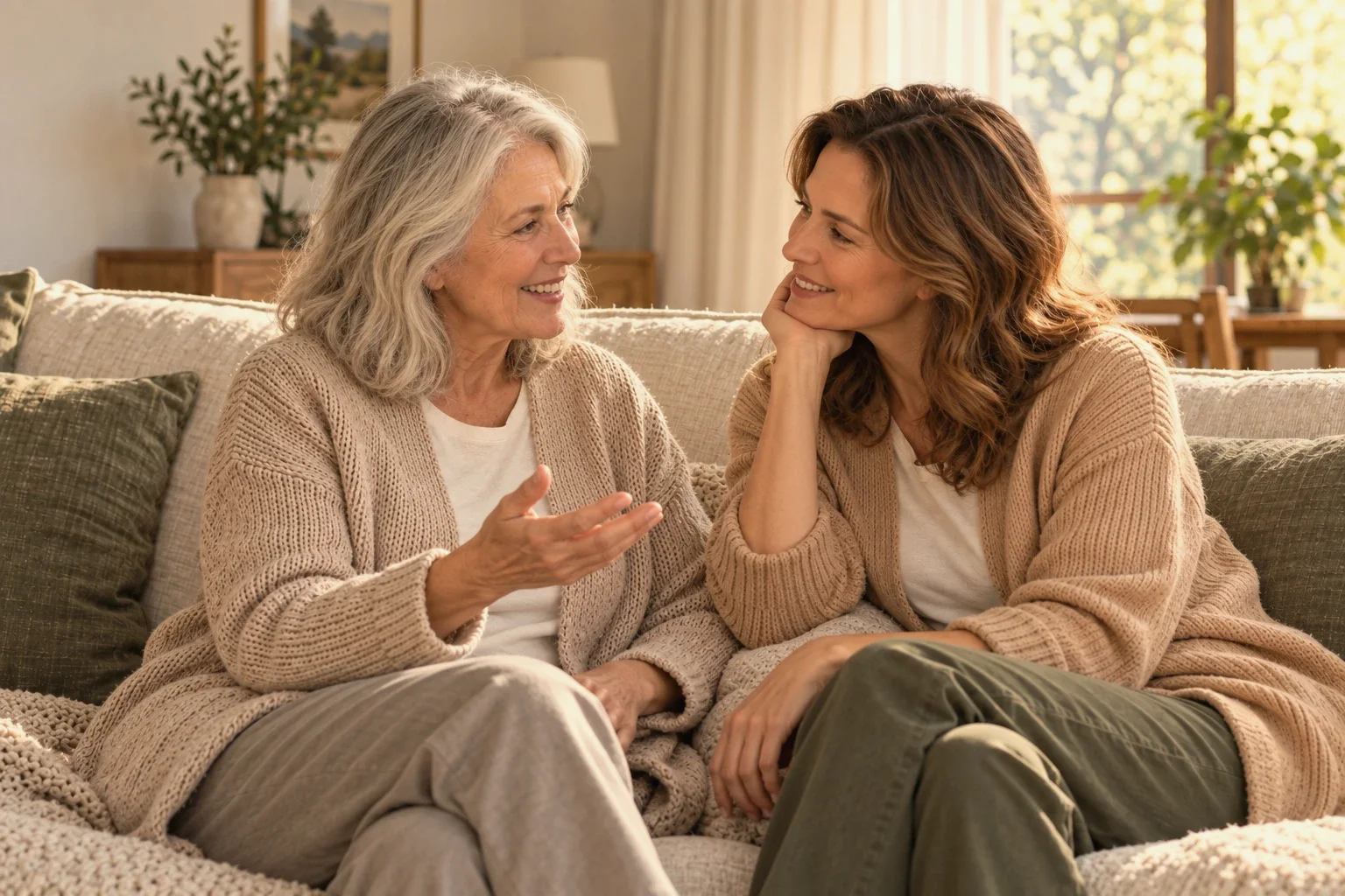 A grandmother telling a story while her daughter listens